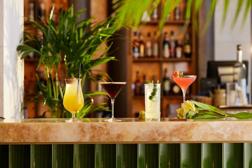 Četri krāsaini kokteiļi stāv uz bāra letes, fona veido zaļas palmas un plaukti ar alkoholiskajiem dzērieniem. Ideāls attēls vasaras ballītēm un kokteiļu baudīšanai.