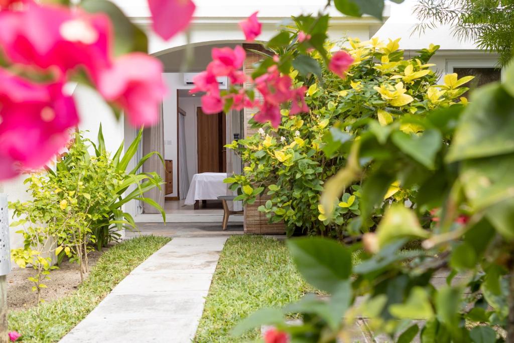 Pastaiga cauri dārzam ar ziedošām krāsainām puķēm, kas ved uz mājīgu telpu ar galdu un krēslu. Dabas skaistums un relaksējoša atmosfēra rada patīkamu noskaņu.