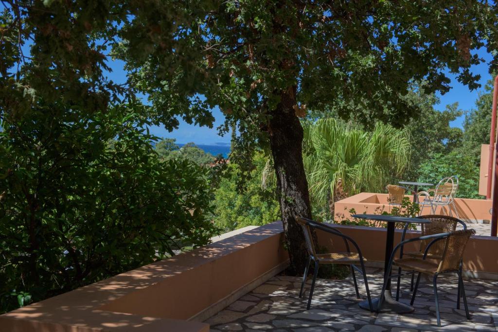 Skaista terase ar galdu un krēsliem, ko ieskauj zaļi koki un augi, piedāvā relaksējošu skatu uz dabu. Ideāla vieta atpūtai un sarunām.