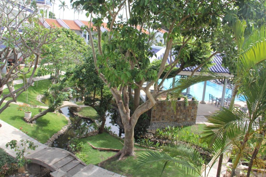 Tropu dārzs ar zaļajiem kokiem un zāli, kas noved pie baseina. Skats uz ainavu ar gājēju celiņiem un relaksējošu atmosfēru.