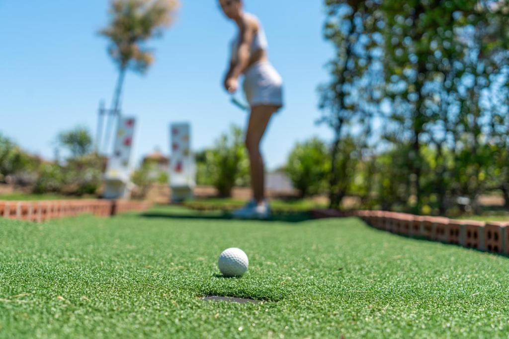 Minigolfa laukums ar zaļu zālienu, kurā redzama bumbiņa, kas gatavojas tikt sitināta. Fons ir izplūdis, taču var redzēt cilvēku, kurš gatavojas izpildīt sitienu.