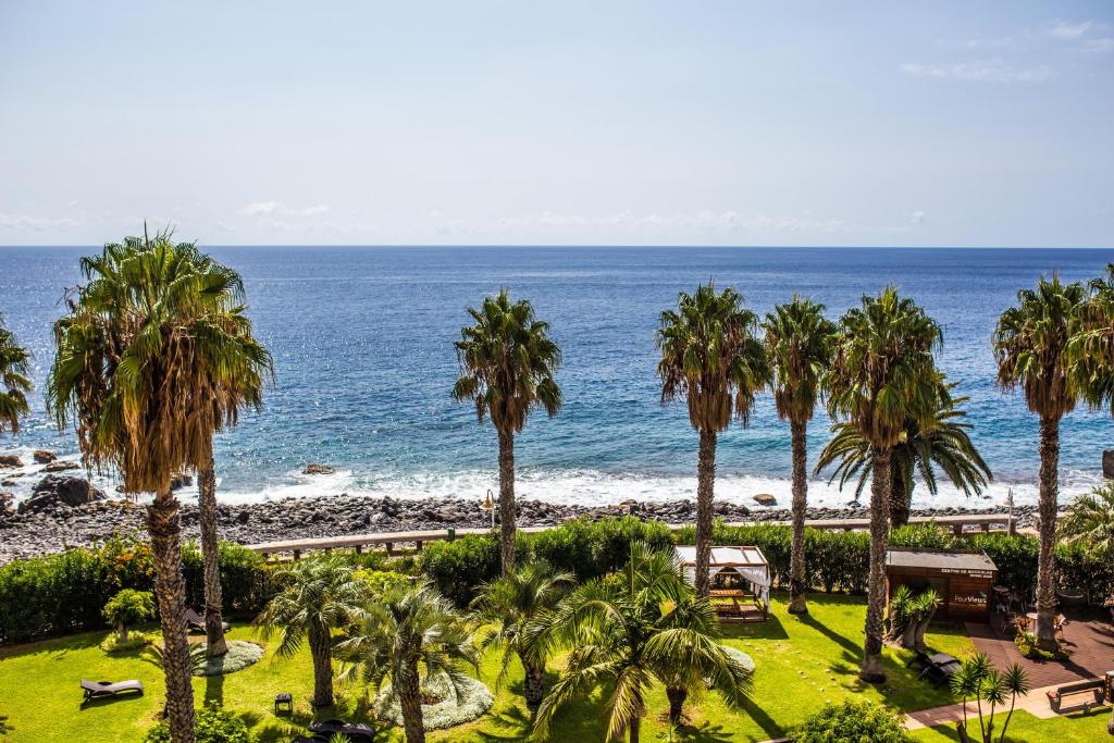 Tropiska pludmale ar palmām un skatu uz okeānu, kas rada mierīgu un relaksējošu atmosfēru. Ideāla vieta atpūtai un dabas baudīšanai.