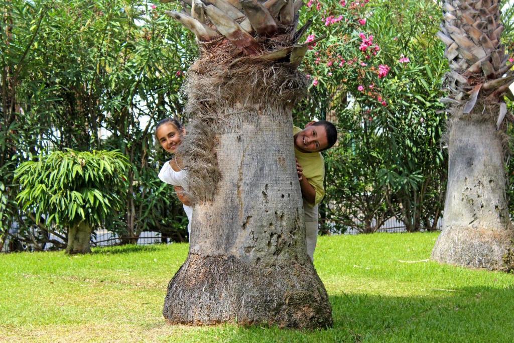 Divi cilvēki paslēpušies aiz palmu stumbriem, izskatās jautri un laimīgi, fons ar zaļu zāli un ziedošiem krūmiem.