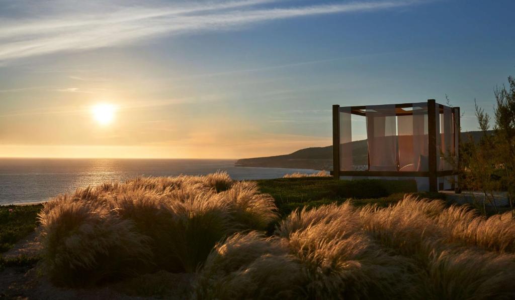 Saulrieta skats pār jūru ar zāles laukumu un atpūtas zonu, kas veidota no koka un auduma. Šī ainava rada mierīgu un relaksējošu atmosfēru.