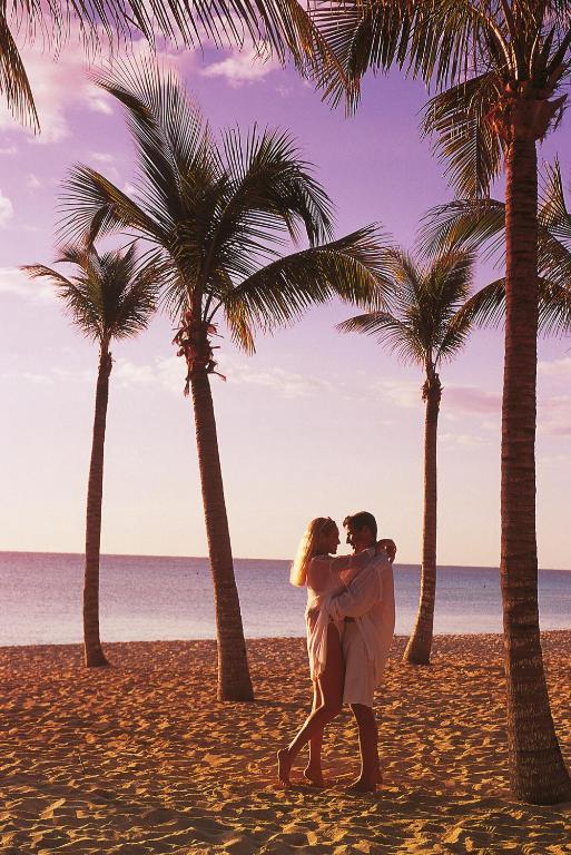 Romantisks pāris pludmalē, apņemti palmām, saulrieta gaismā. Ideāla ainava mīlestības un relaksācijas mirkļiem.