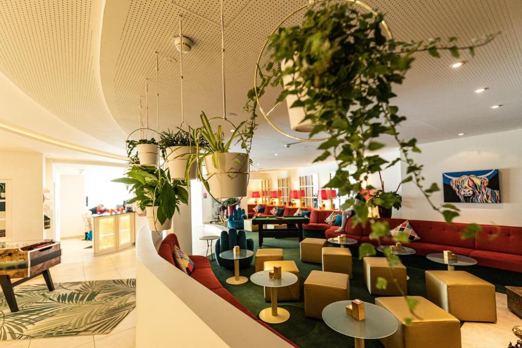 Mūsdienīgs viesnīcas interjers ar stilīgām mēbelēm, piekārtiem augiem un krāsainiem akcentiem, kas rada relaksējošu atmosfēru.