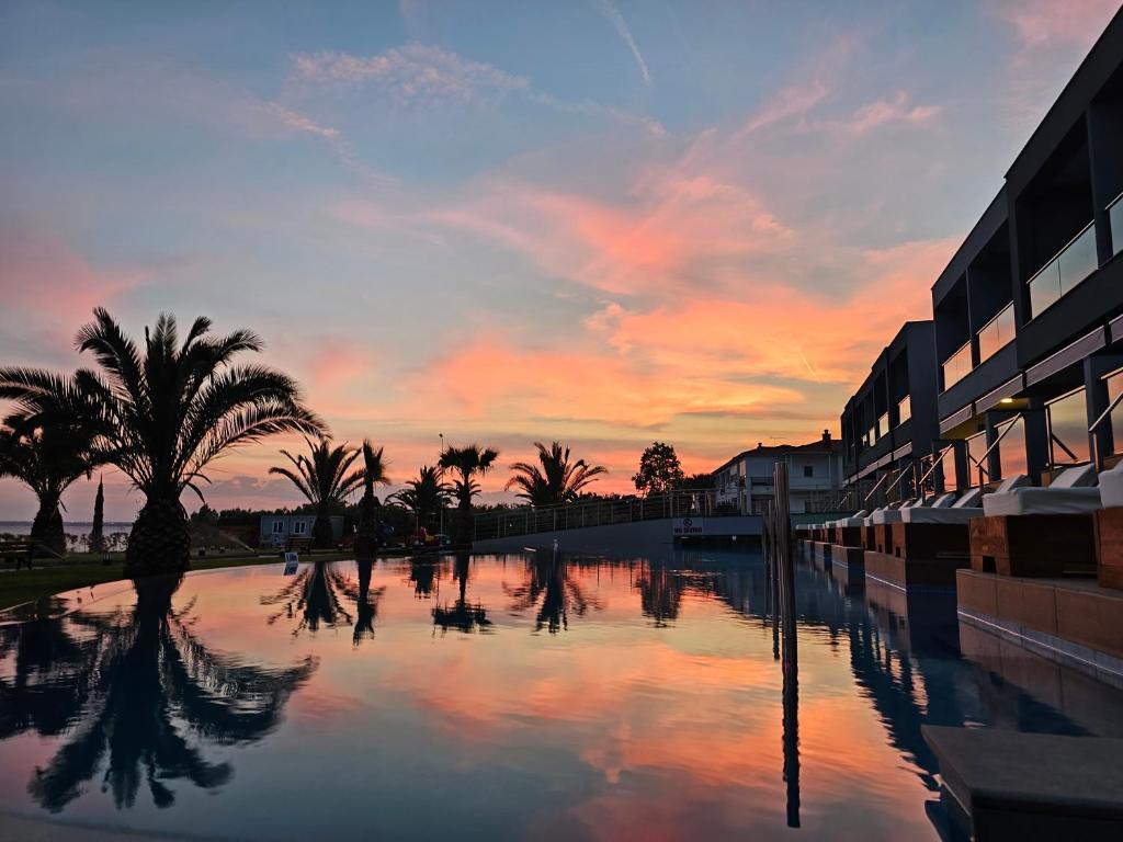 Saule riet pie Sea Coast Resort Halkidiki ar palmu atspulgiem baseinā.