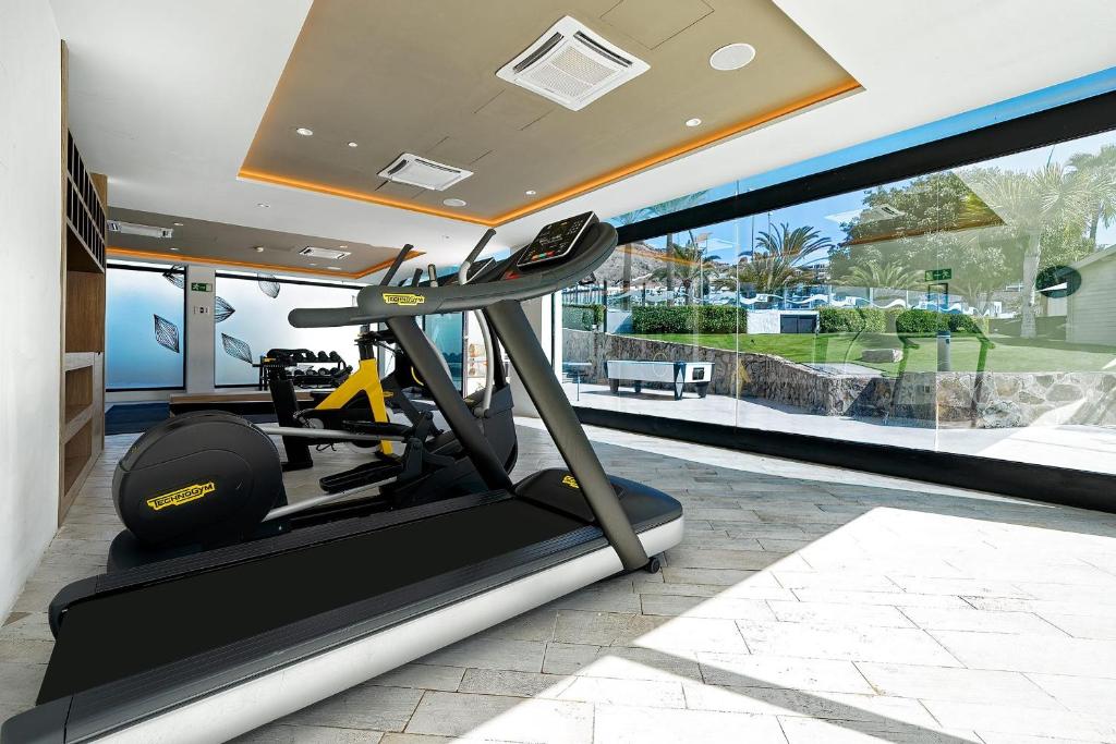 Mūsdienīgs trenažieru zāles interjers ar skatu uz āra baseinu un zaļajiem laukumiem, aprīkots ar modernām trenažieru ierīcēm. Gaismas un plašuma sajūta rada patīkamu treniņu atmosfēru.