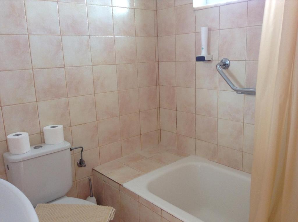 Vannas istaba ar vannu, dušu un tualeti, kurā ir arī tualetes papīrs un dvielis. Gaiši rozā flīzes rada siltu atmosfēru.