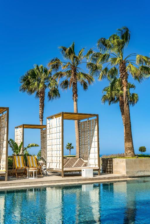 Vasaras atpūtas vieta ar palmām, baseinu un komfortablām guļvietām. Ideāla vide relaksācijai un saulainām dienām.
