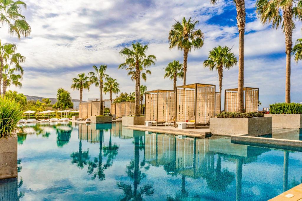 Luksusa peldbaseins ar palmām un atpūtas zonām, kas atspoguļojas ūdenī, rada relaksējošu atmosfēru. Ideāla vieta atpūtai un atjaunošanai.
