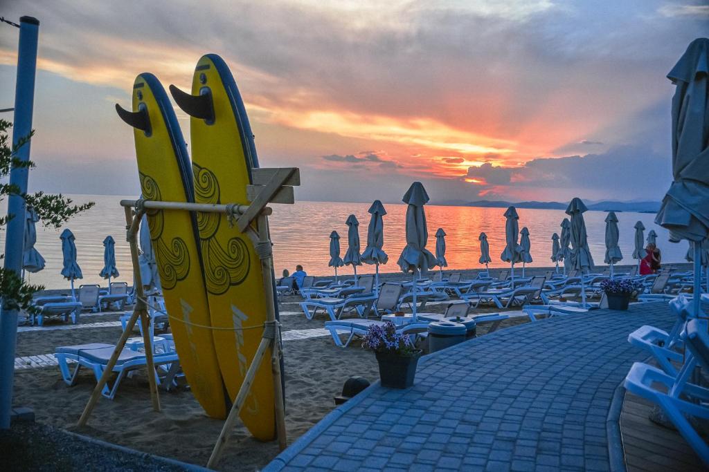 Saulriets pie pludmales ar divām dzeltenām sērfošanas dēļām, apņemtiem sauļošanās krēsliem un saulessargiem. Rāmie ūdeņi atspoguļo krāsas debesīs, radot mierīgu un relaksējošu atmosfēru.