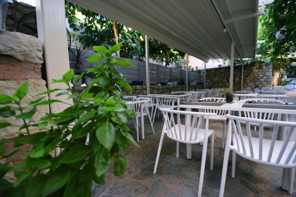 Pastaiga pa modernu restorānu ar baltām krēslu rindām un zaļiem augiem, kas radījuši relaksējošu atmosfēru. Terase ir daļēji pārsegta un apzaļumota, piedāvājot patīkamu ēdināšanas pieredzi.