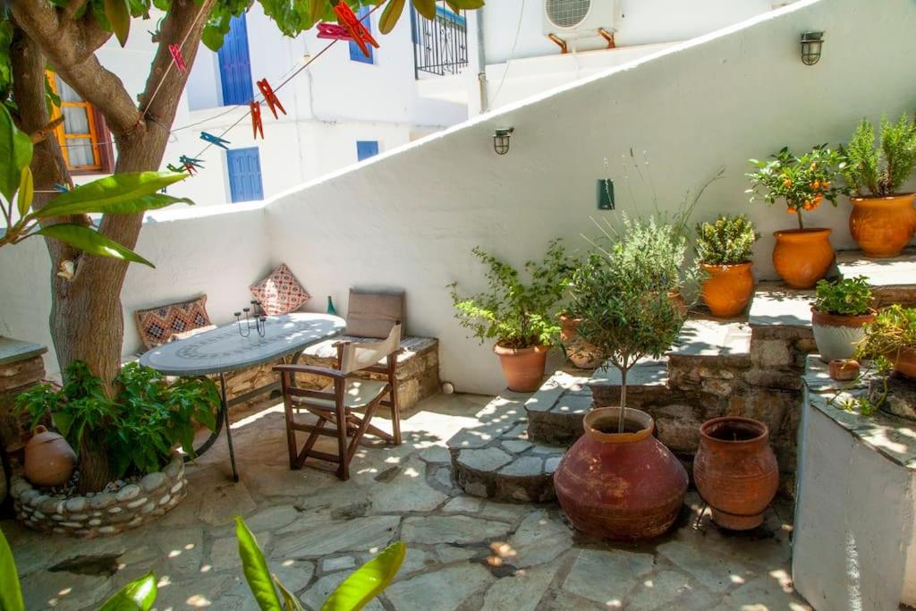 Mierīgs iekšpagalms ar akmens bruģi, koka galdu un krēslu, apzaļumotu vidi ar puķu podiem un kokiem. Šis ir ideāls atpūtas stūris saulainā dienā.