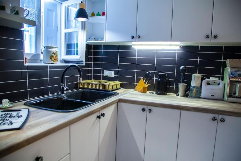 Mūsdienīga virtuve ar melnu flīžu apdari, divām izlietnēm un dažādiem virtuves piederumiem. Gaismas avots nodrošina labu apgaismojumu, radot mājīgu atmosfēru.