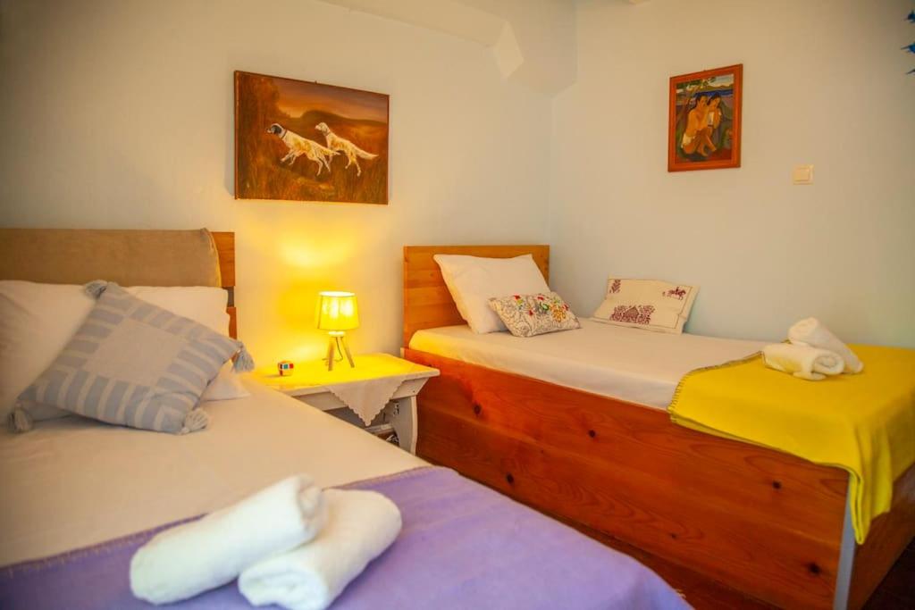 Mierīga guļamistaba ar divām gultām, siltām krāsām un mākslas darbiem uz sienām, radot relaksējošu atmosfēru. Gaismas avots un mīkstās palags piešķir komfortu.