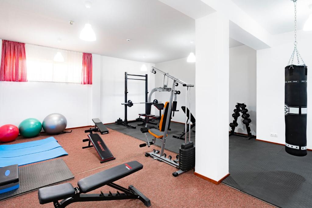 Mūsdienīga sporta zāle ar dažādām treniņu ierīcēm, sporta bumbām un vingrošanas paklājiem. Telpa ir gaiša un ietilpīga, nodrošinot lielisku vidi fiziskajām aktivitātēm.