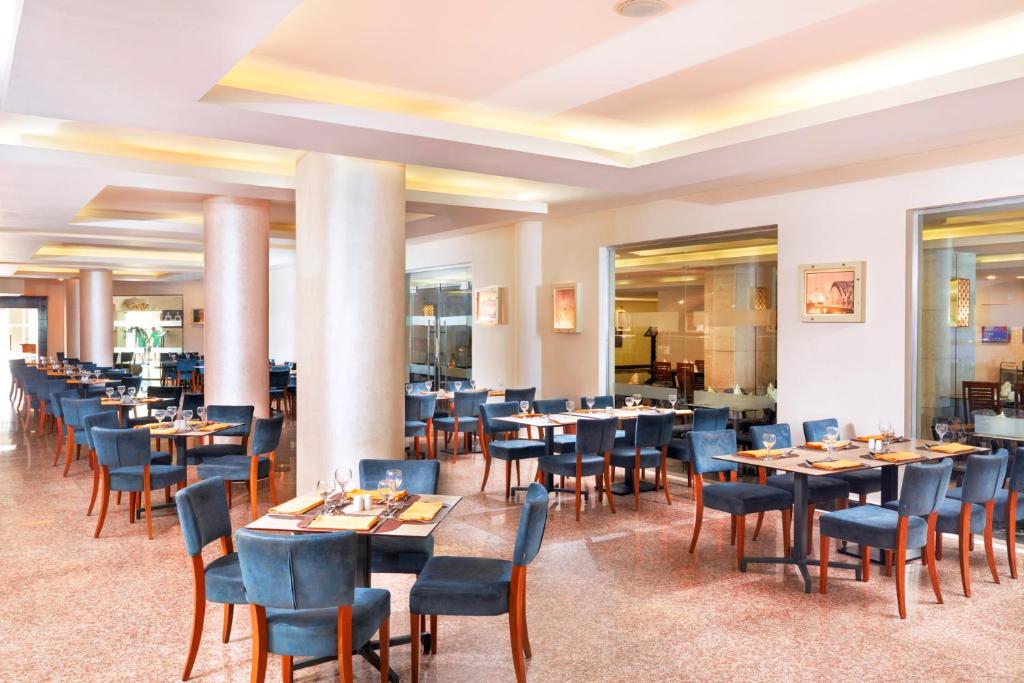 Moderns restorāns ar stilīgu iekārtojumu, kas ietver zilu krēslu izkārtojumu un elegantu galdu klājumu. Gaisotne ir plaša un gaiša, radot patīkamu ēdināšanas pieredzi.