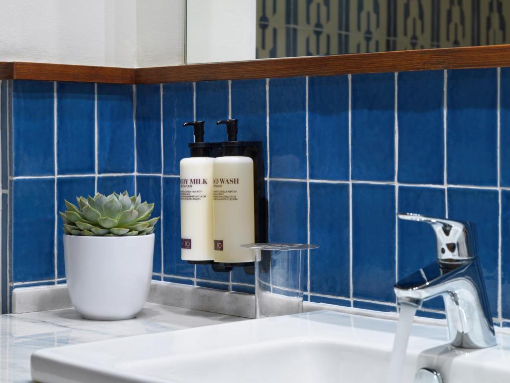 Mūsdienīgs vannas istabas interjers ar zilu flīžu apdari, baltu puķu podu ar sukulentu un dozatoriem ķermeņa mazgāšanai un krēmam.
