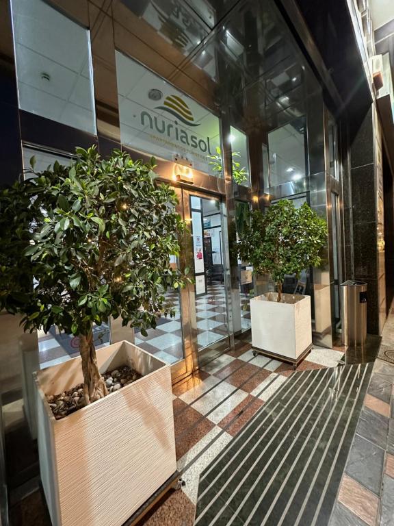 Eleganta ieeja ar stikla durvīm un zaļām augu kompozīcijām, kas rotā durvju apkaimi. Redzama zīme ar nosaukumu "nuriasol".