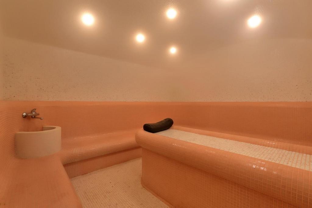 Rožainā tvaika pirts ar apgaismojumu un divām sēdvietām. Telpa ir klāta ar flīzēm un ir paredzēta relaksācijai.