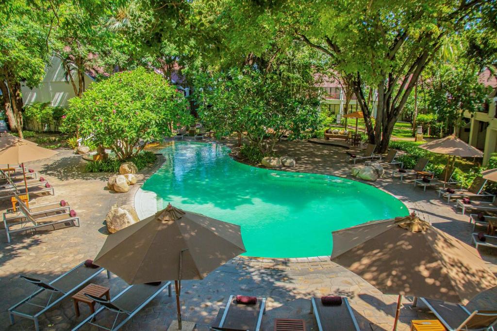 Vasaras atpūtas vieta ar zaļu baseinu, apņemta ar kokiem un saulessargiem, piedāvā relaksējošu atmosfēru. Ideāli piemērota atpūtai un atjaunošanai.