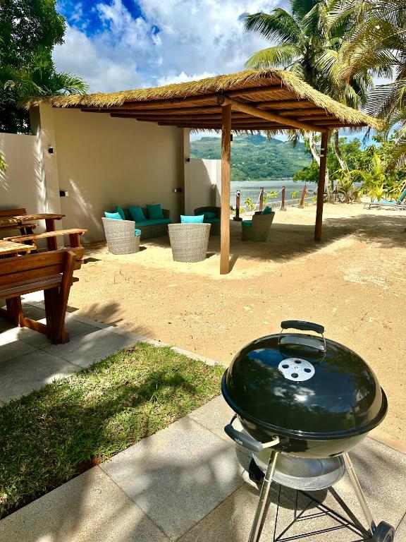 Āra atpūtas zona ar lapeni, ērtām sēdvietām un grilu, ko ieskauj tropu ainava un zils debesis. Ideāla vieta vasaras pasākumiem un grilēšanai.