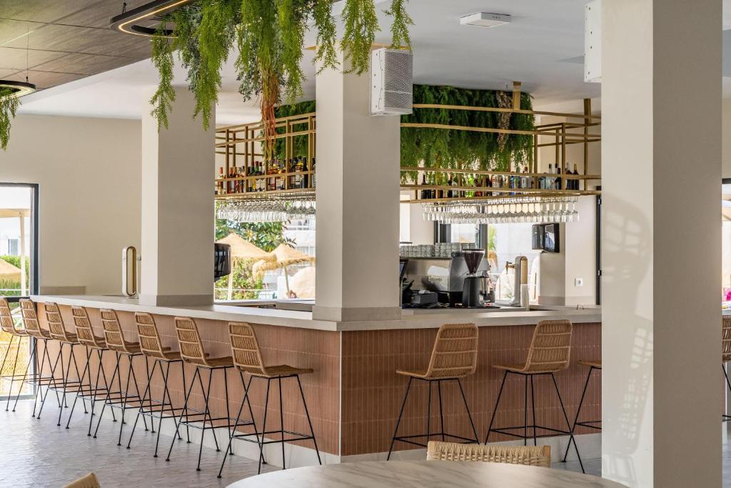 Mūsdienīgs bārs ar elegantu interjeru, kurā ir statīvi un zaļumi, radot patīkamu atmosfēru. Apmeklētāji var baudīt dzērienus pie stilīgiem bāra krēsliem.