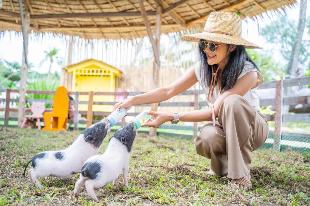 Sieviete baro divus mazu cūciņu ar pieniņa pudelēm lauku vidē. Fonā redzama koka konstrukcija un dārza elementi.