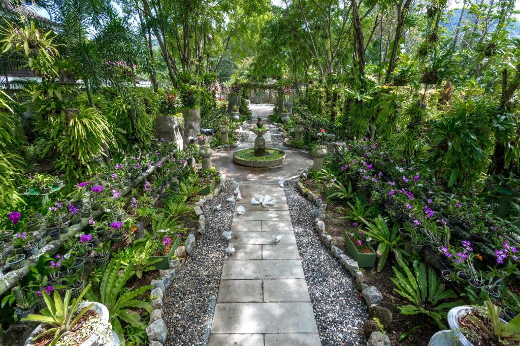 Skaists dārza ceļš, ko ieskauj ziedoši augi un zaļi krūmi, ved uz centrālo strūklaku. Ap stāviem augiem redzamas smalkas puķu potītes, radot mierīgu un dabīgu atmosfēru.