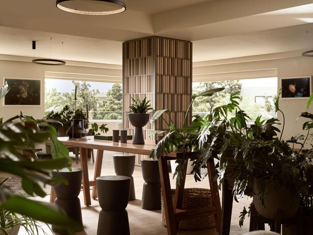 Mūsdienīga telpa ar koka galdu, stilīgiem krēsliem un zaļām augu dekorācijām, kas rada svaigu un relaksējošu atmosfēru. Gaisma plūst cauri logiem, uzsverot interjera estētiku.