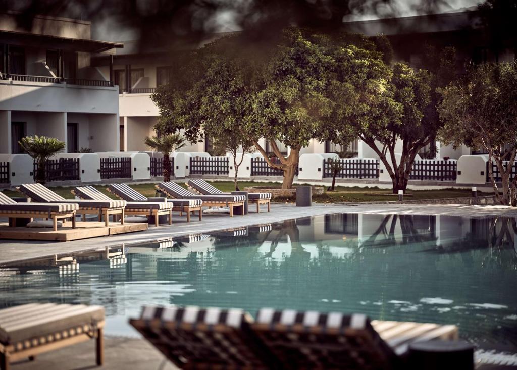 Peldbaseins ar saulessargiem un koku fonā, radot mierīgu un relaksējošu atmosfēru. Ideāla vieta atpūtai un brīvā laika pavadīšanai.