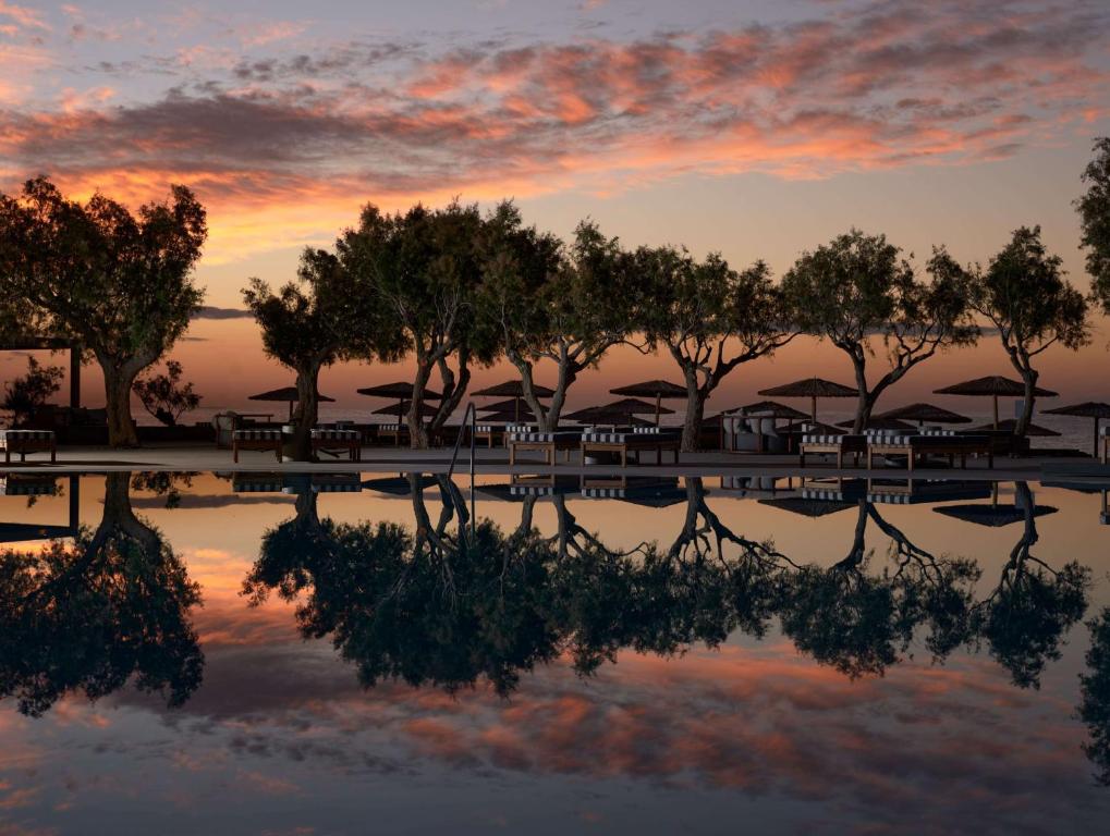 Mierinājošs skats uz baseinu ar koku atspulgu, kas atspoguļo skaistu saulrietu un pludmales gultas, kas gaida apmeklētājus.