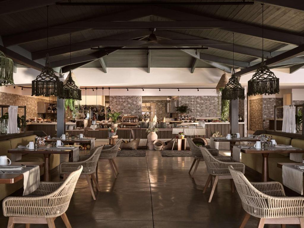 Mūsdienīgs restorāna interjers ar plašām telpām, koka griestiem un ērtām vītņu krēsliem, kas apkalpo brokastu galdiņus, ap kuru redzami augļi un dzērieni. Gaisma un zaļumi piešķir siltu atmosfēru.