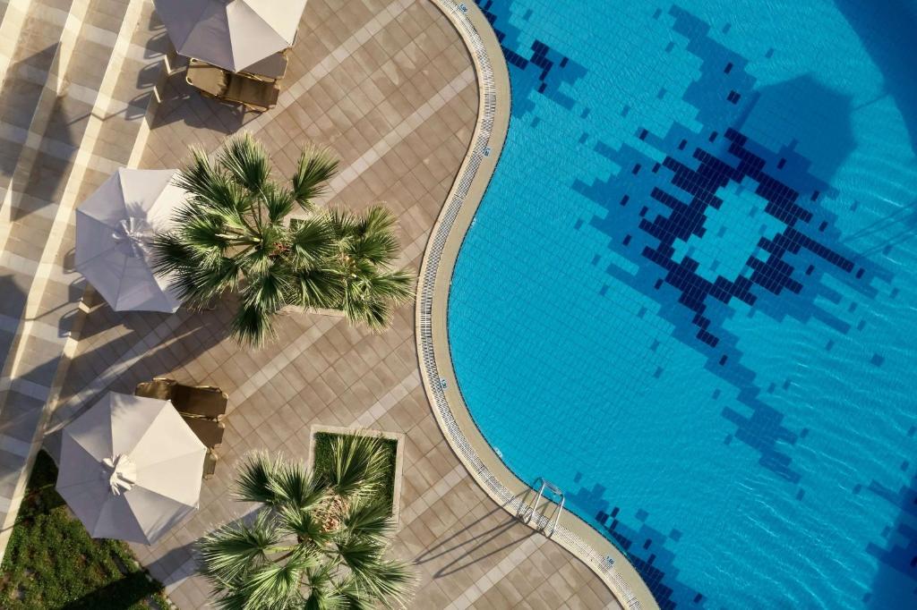 Baseins ar zilu ūdeni, ap kuru izvietoti sauļošanās krēsli un balti saulessargi. Apkārt baseinam redzamas palmas un flīžu segums.