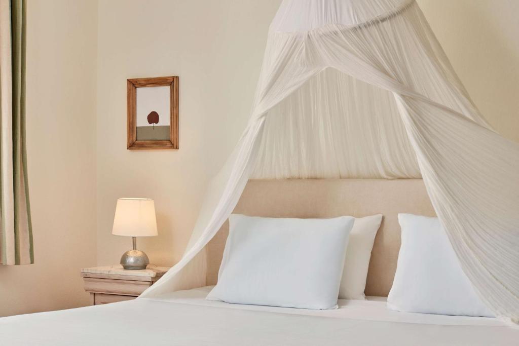 Gultas zona ar baltu moskītu tīklu un divām spilveniem, blakus naktslampiņa un mākslas darbs uz sienas.