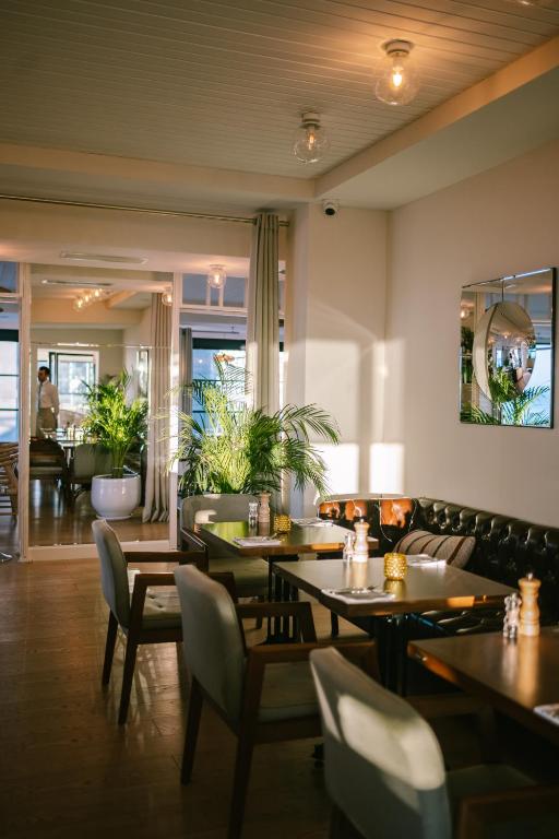 Mūsdienīgs restorāna interjers ar ērtām mēbelēm, zaļām telpaugiem un siltu apgaismojumu, radot patīkamu atmosfēru.