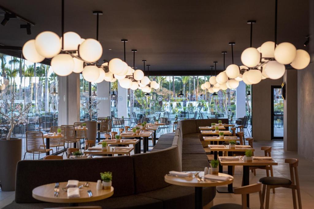 Moderns restorāns ar elegantu apgaismojumu un gaumīgu interjeru, kurā ir koka galdi un krēsli. Labi redzama terase ar skatu uz dārzu.