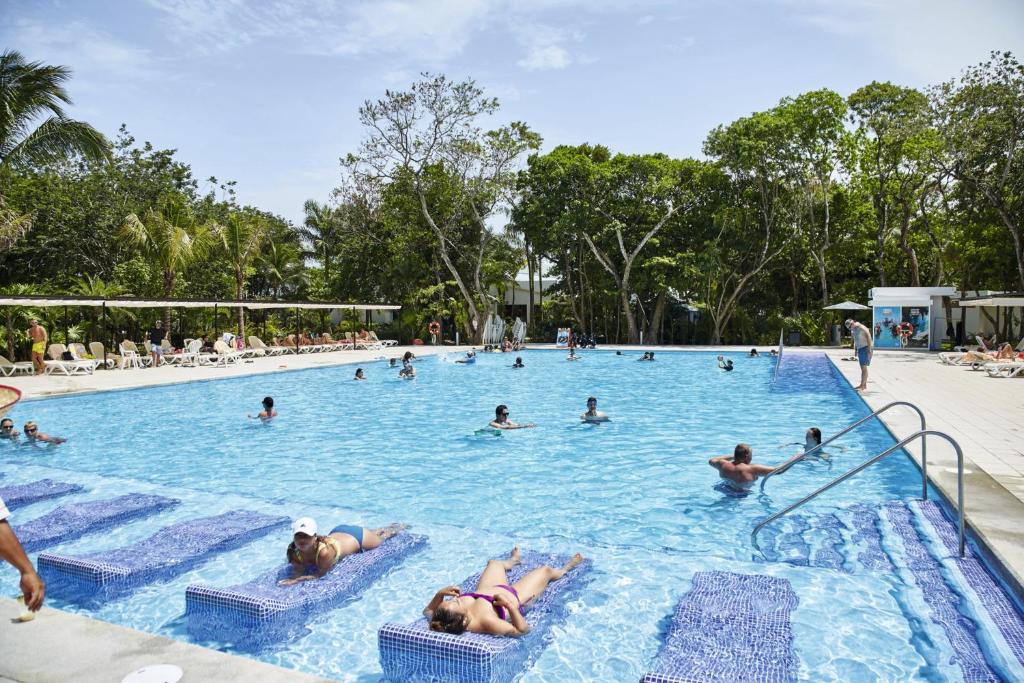 Peldbaseins ar skaidru ūdeni, apjozts ar zaļām palmām un sauļošanās krēsliem, kur cilvēki bauda atpūtu un peldēšanu.