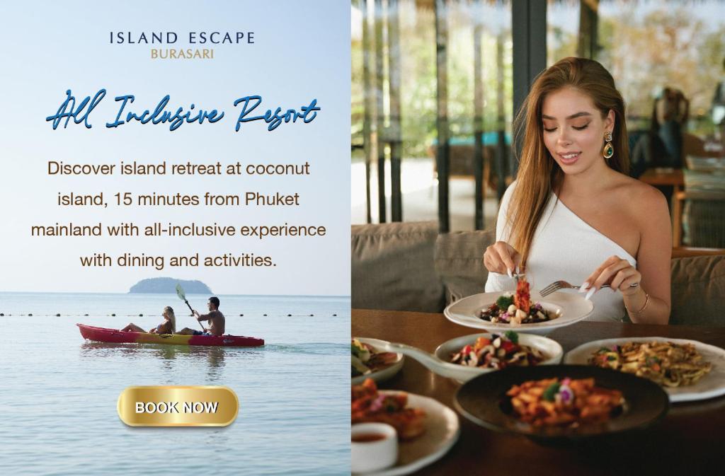 Sieviete baudot maltīti Island Escape by Burasari pie jūras.