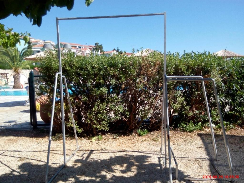 Metāla šūpoles rāmis atrodas pie baseina, apzaļumotā teritorijā ar palmām un krūmiem. Skaidrs debesis un saulainā diena rada patīkamu atmosfēru.