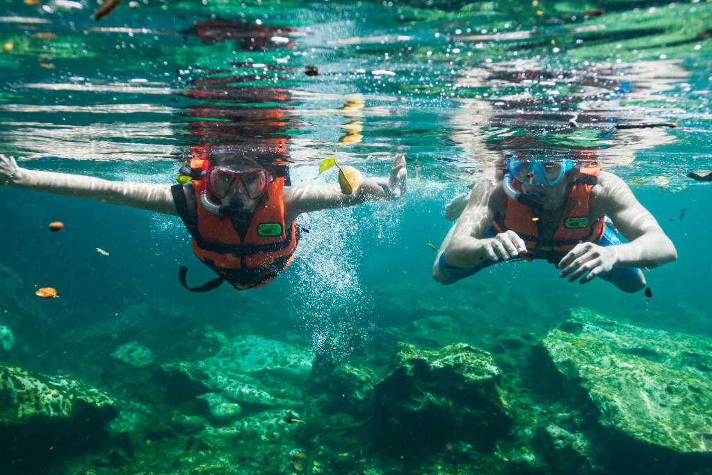 Divi cilvēki snorkelē zem ūdens, valkājot glābšanas vestes un maskas, izpētot krāsainus zivju un akmeņu dzīvesvietas. Ūdens ir skaidrs ar saules gaismu, kas atspīd uz virsmas.
