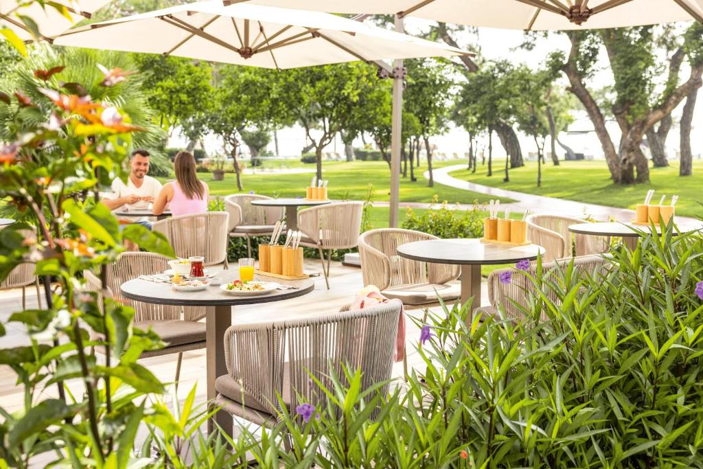 Āra kafejnīca ar elegantiem krēsliem un galdiem, kur divi cilvēki bauda maltīti, ieskauti zaļumos un ziedos. Dabas vidē ir redzamas saulessargu ēnas un dārza takas.