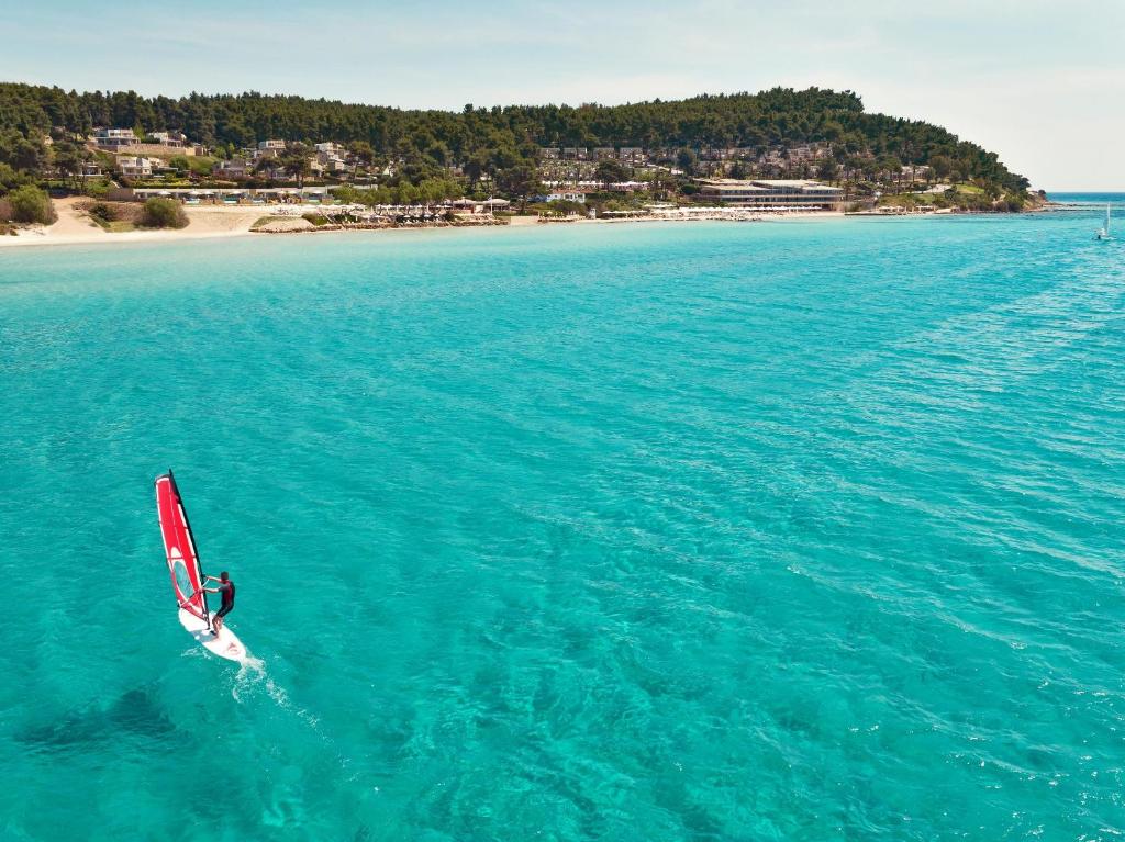 Vindsērfotājs burā uz skaidriem, tirkīza ūdeņiem, fonā redzama pludmale un zaļš mežs.