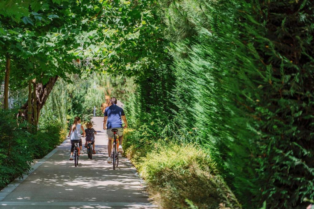 Ģimene ar bērniem brauc ar velosipēdiem pa koka apstādītu taku, ko ieskauj zaļa veģetācija. Patīkams saulains laiks un dabisks apgaismojums rada mierīgu atmosfēru.