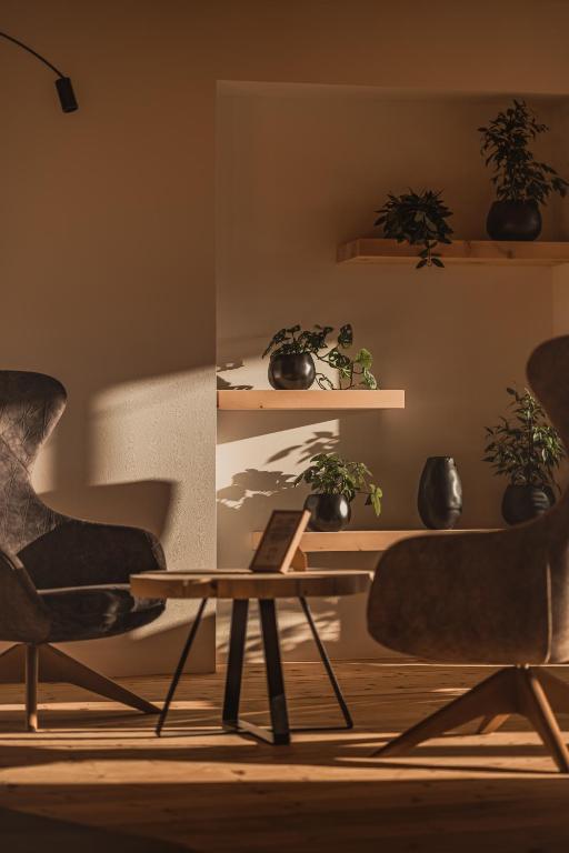 Mūsdienīgs interjers ar divām stilīgām krēslām un koka galdu, ap kuru ir izkārtoti augi uz plauktiem. Siltas gaismas un ēnu spēles piešķir atmosfēru.