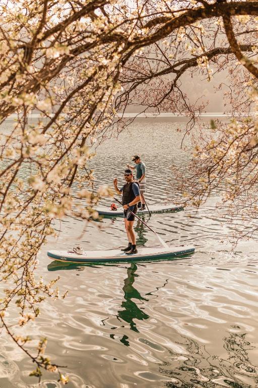 Divi cilvēki stāv uz dēļu, pārvietojoties pa mierīgu ūdeni, ko ieskauj ziedoši koki. Daba un ūdens aktivitātes rada relaksējošu atmosfēru.
