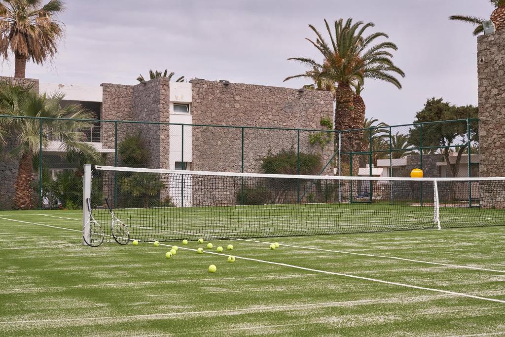 Tenisa laukums ar zaļo mākslīgo zāli, netālu no palmām un akmens arhitektūras. Uz laukuma redzamas tenisa bumbas un raketes.