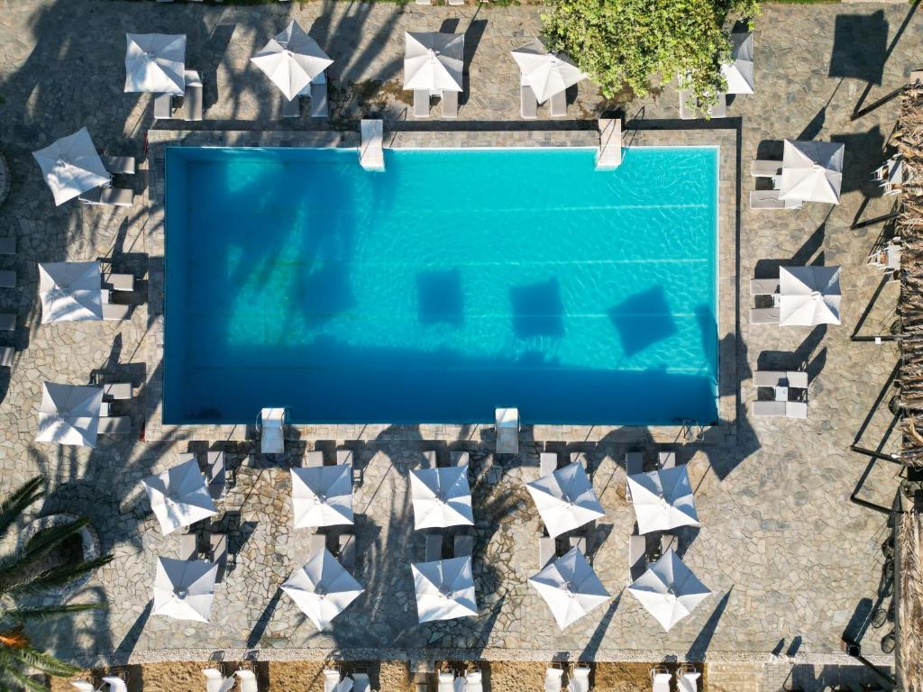 Baseins ar kristāldzilu ūdeni, ap to izvietoti saules krēsli ar baltiem saulessargiem, radot relaksējošu atpūtas vidi. Apkārt ir akmeņi un zaļumi, kas papildina ainavu.