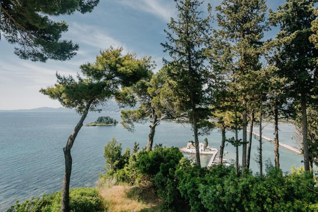 Skats uz jūru no kalna, kur redzami zaļi koki un neliela sala. Gaisma ir saulaina, radot mierīgu atmosfēru.